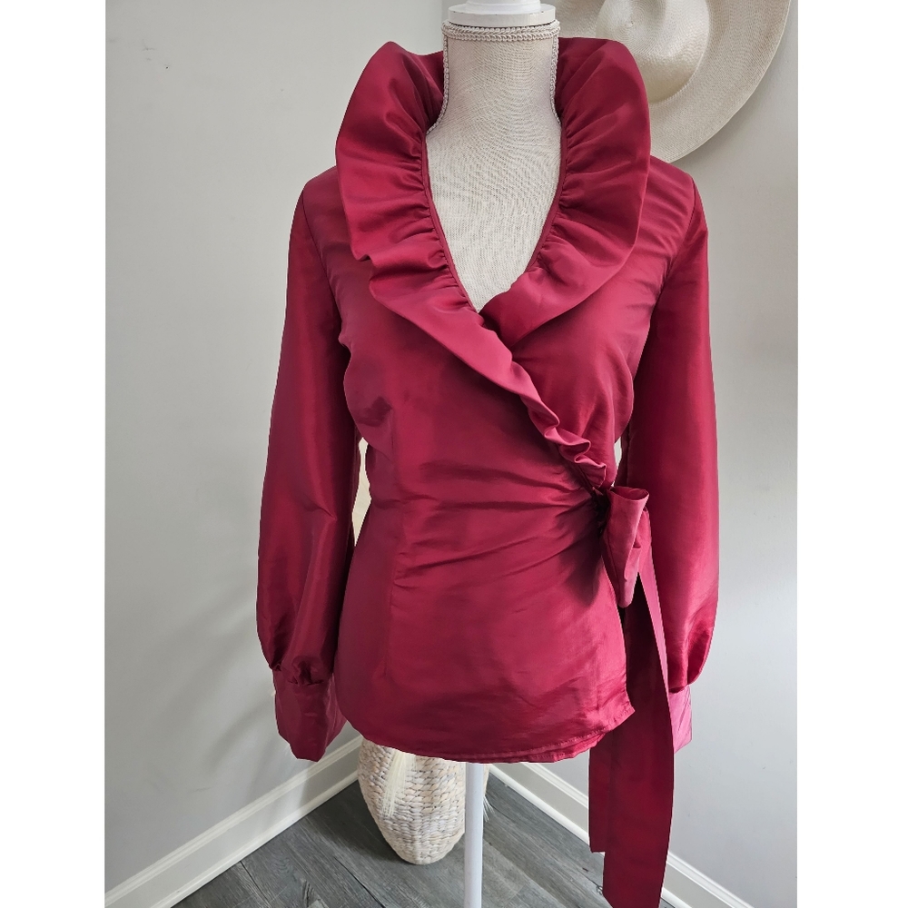 J. Peterman Elegant Burgundy Ruffle Self Tie Wrap Blouse